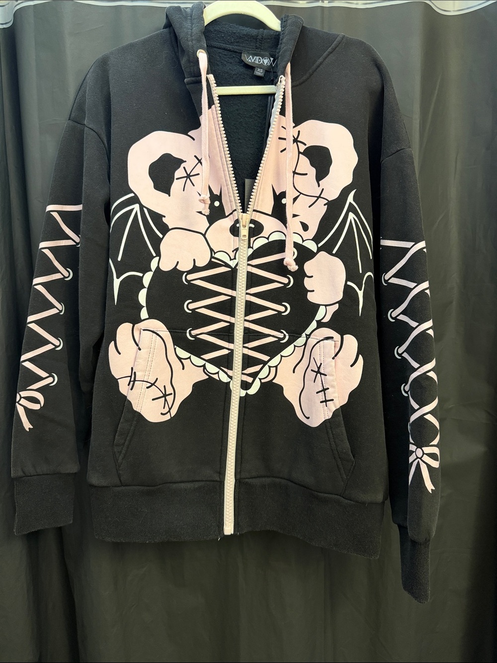 DOLLS KILL Black Zip-Up Hoodie with Pink Gothic Bear Graphic